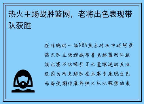 热火主场战胜篮网，老将出色表现带队获胜