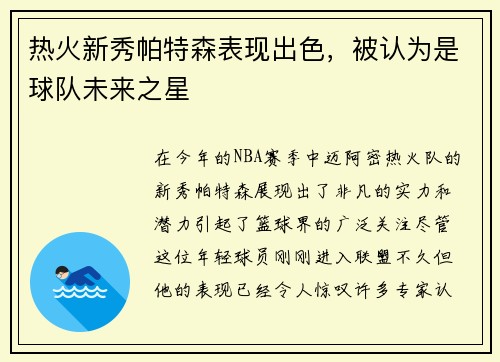 热火新秀帕特森表现出色，被认为是球队未来之星