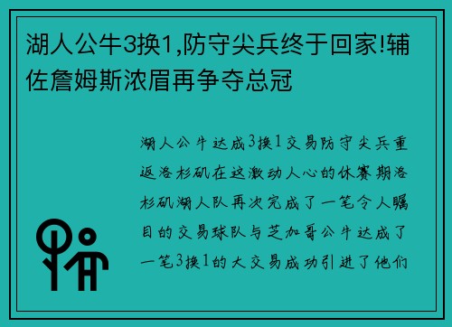 湖人公牛3换1,防守尖兵终于回家!辅佐詹姆斯浓眉再争夺总冠